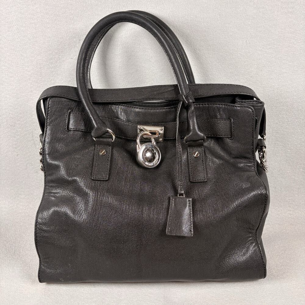 Michael Kors Hamilton Large Black Leather Satchel Silver Hardware Padlock